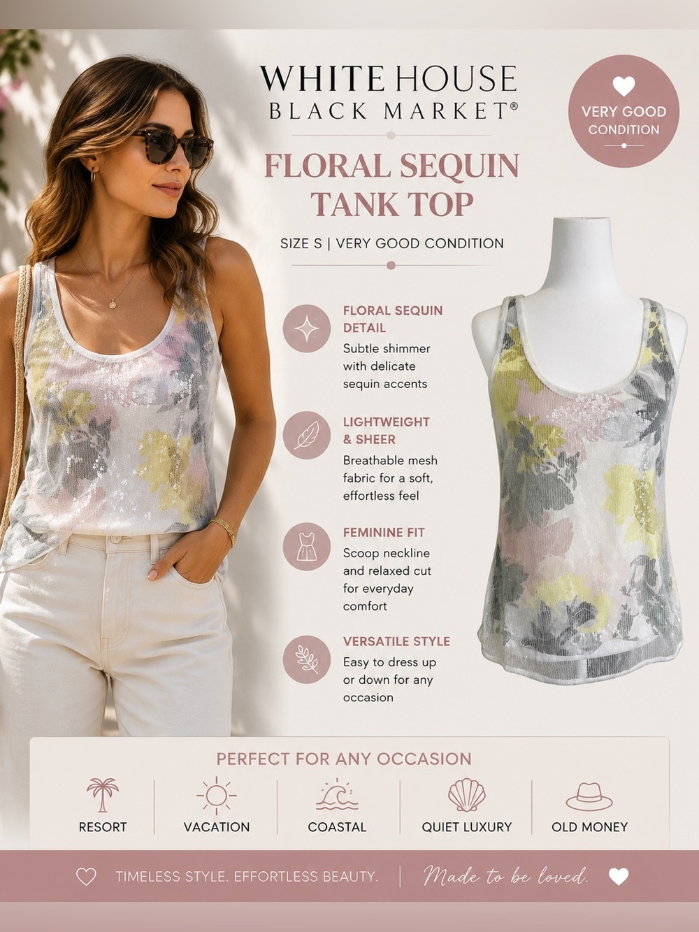 WHBM Floral Sequin Tank Top S Sheer Mesh Resort Vacation Coastal Summer SP